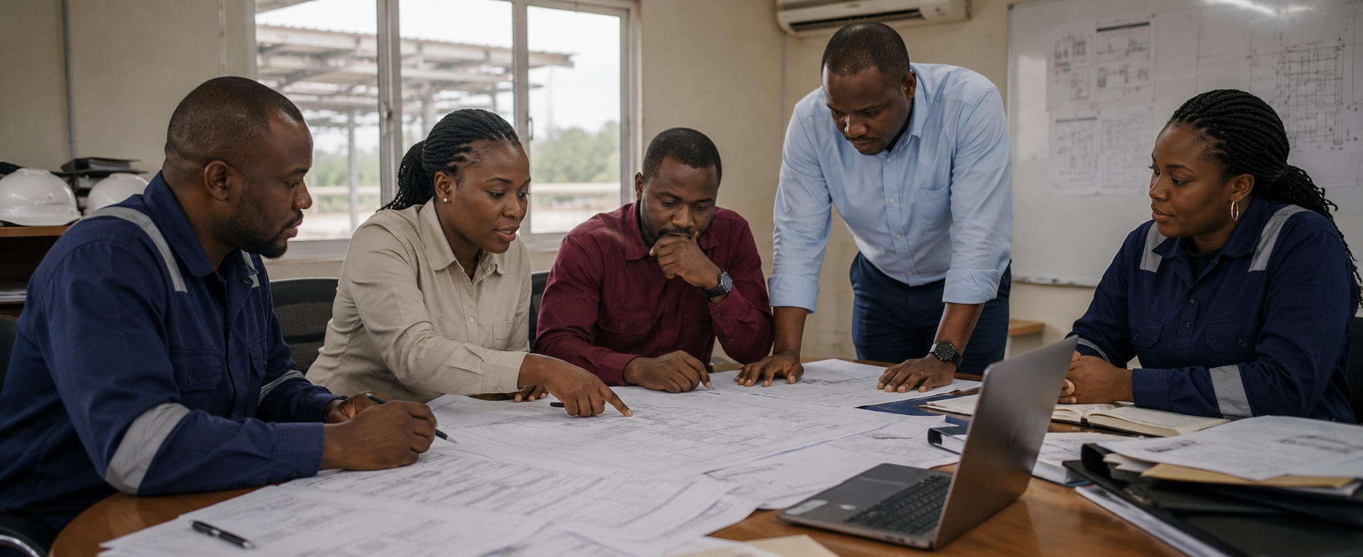 Procurement and field team reviewing technical drawings together at a table