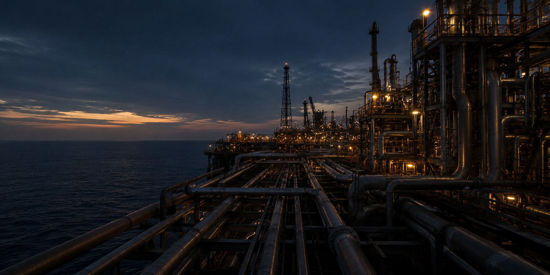 Offshore platform and pipeline network at dusk