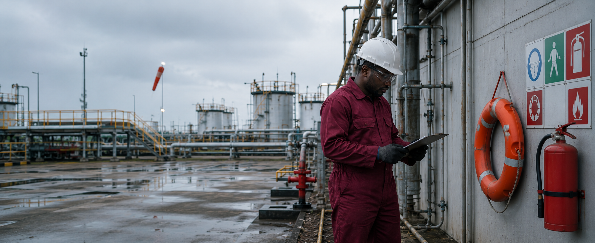 Technician reviewing a safety checklist beside HSE signage at an industrial site