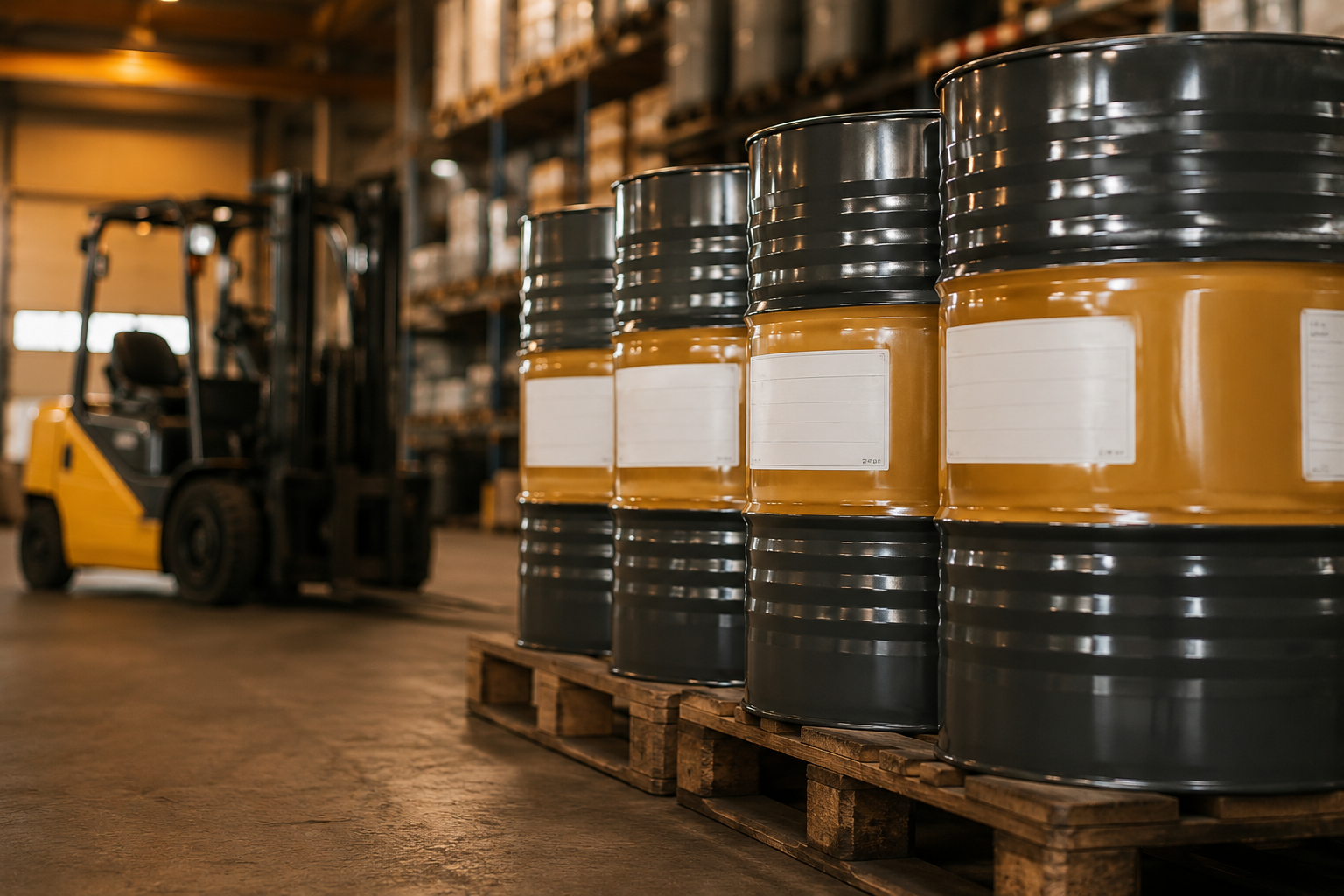 Lubricant oil drums stacked in a warehouse with a forklift in the background