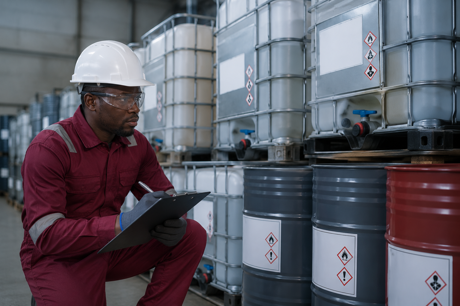 Technician inspecting chemical storage containers with a QC clipboard