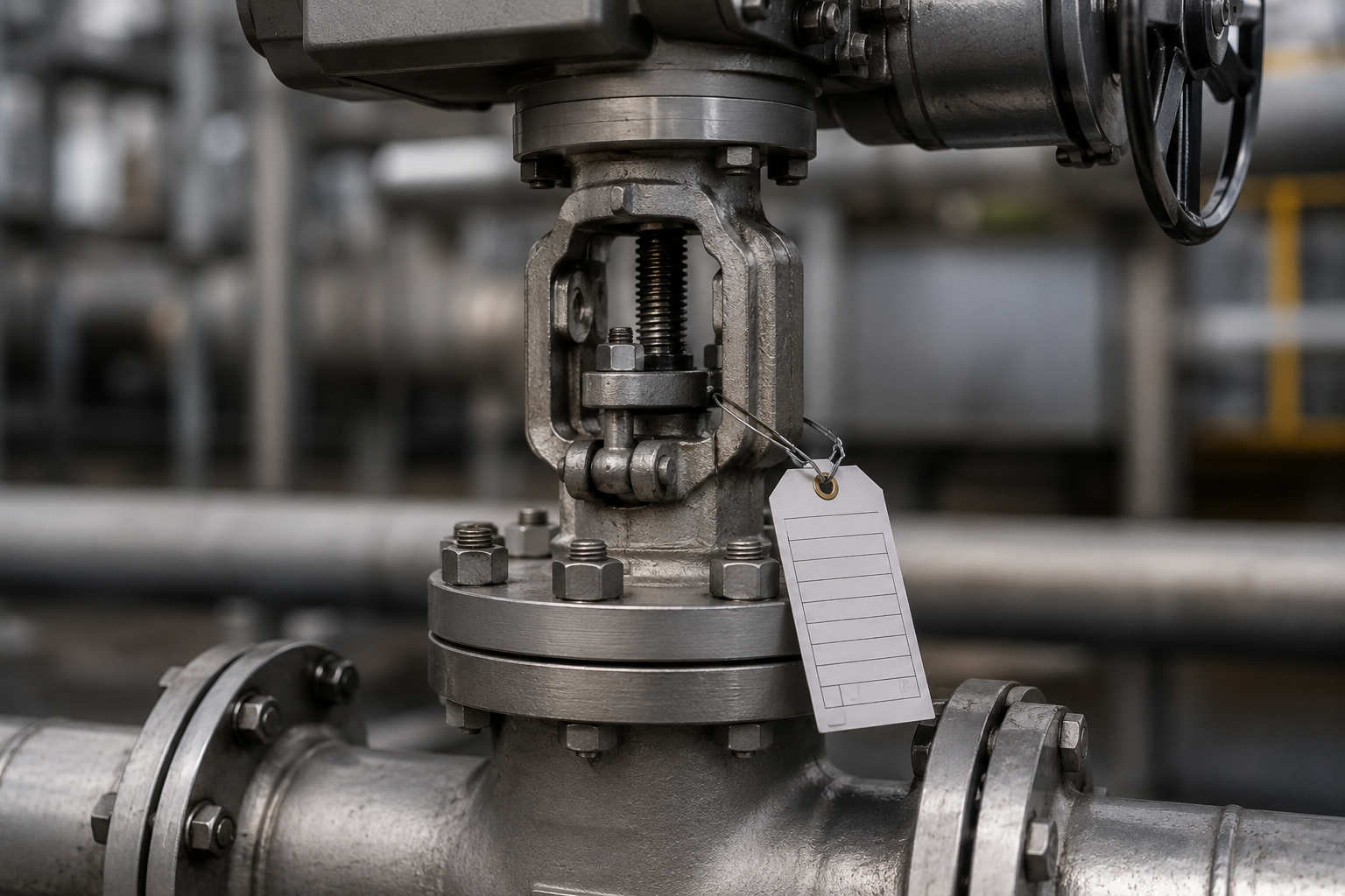 Close-up of an industrial gate valve with actuator and pressure gauge