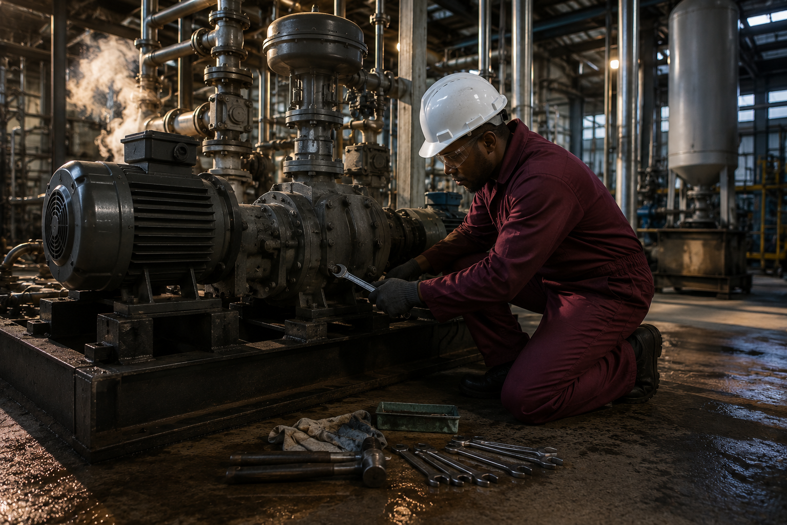 Technician servicing a large industrial pump in a workshop