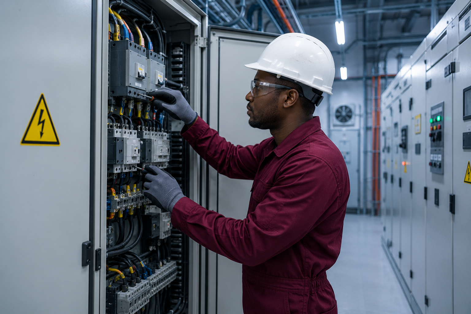 Electrician working inside an industrial switchgear panel