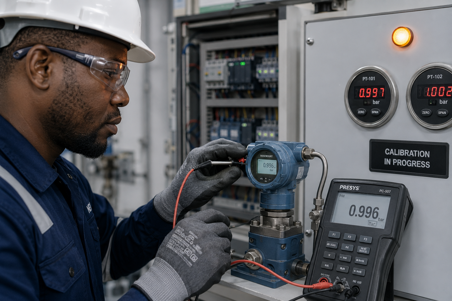 Technician calibrating a pressure transmitter against a control panel