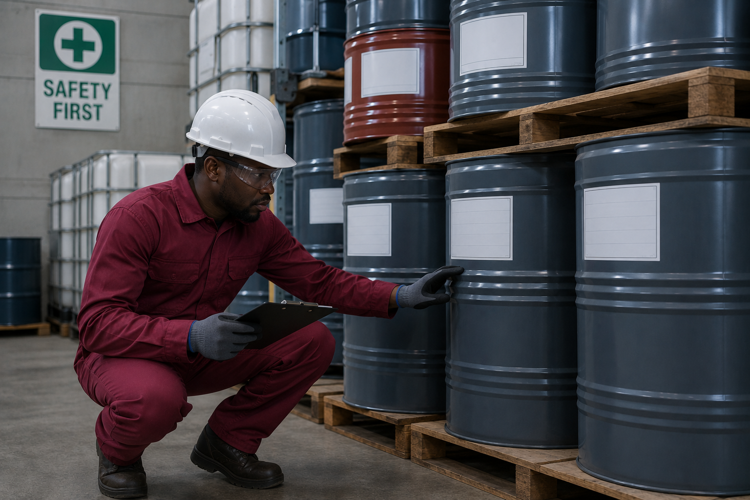 Technician in full PPE inspecting drums and containers in a warehouse