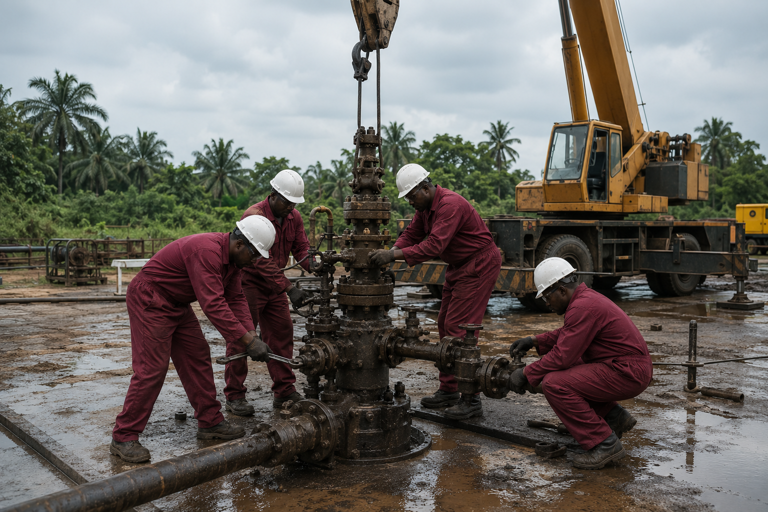 Field crew servicing a wellhead with a mobile crane on site