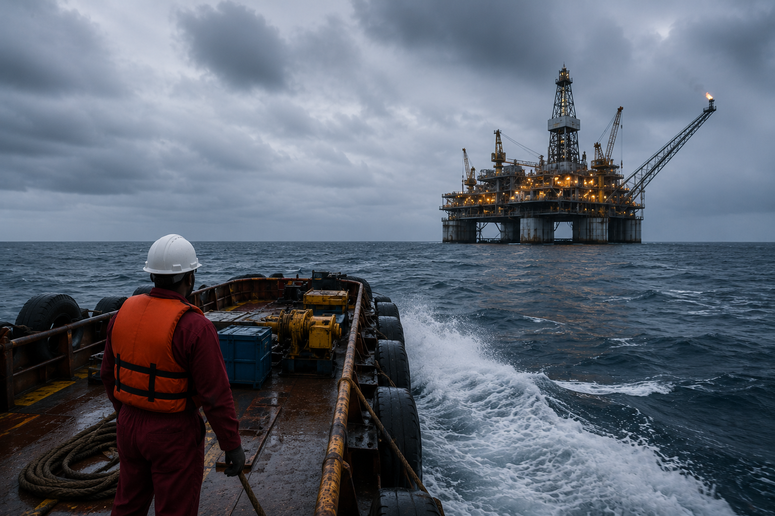 Crew member on a support vessel approaching an offshore platform